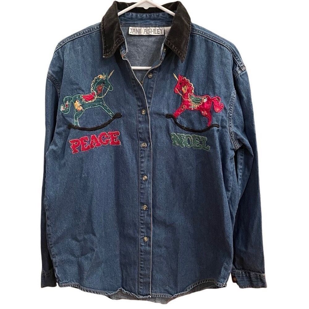 Vtg Jane Ashley Womens Holiday Button Up Shirt M Denim Embroidered Velvet Collar